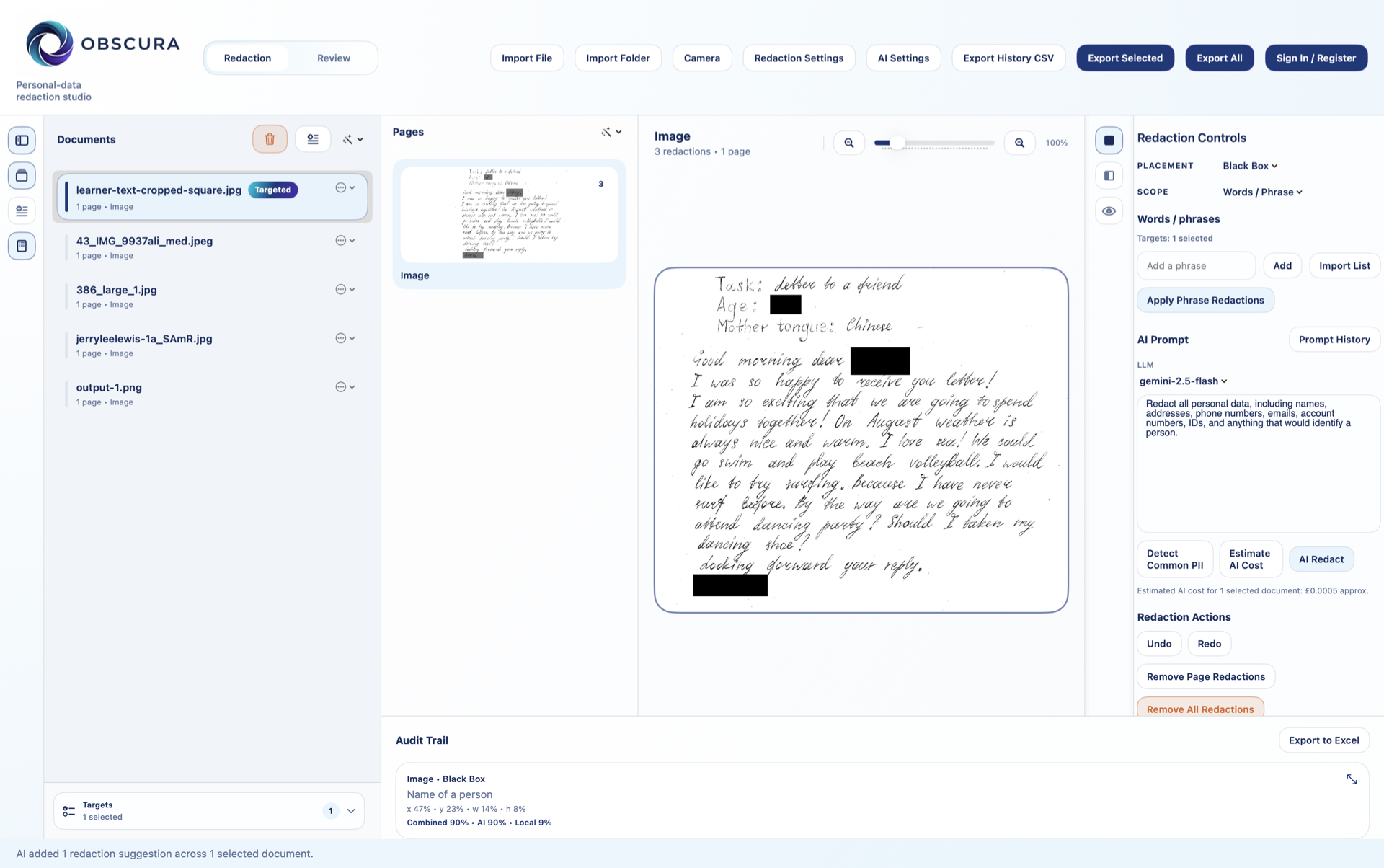 Obscura app workspace showing documents, page preview, redaction controls, AI prompt tools, and audit trail